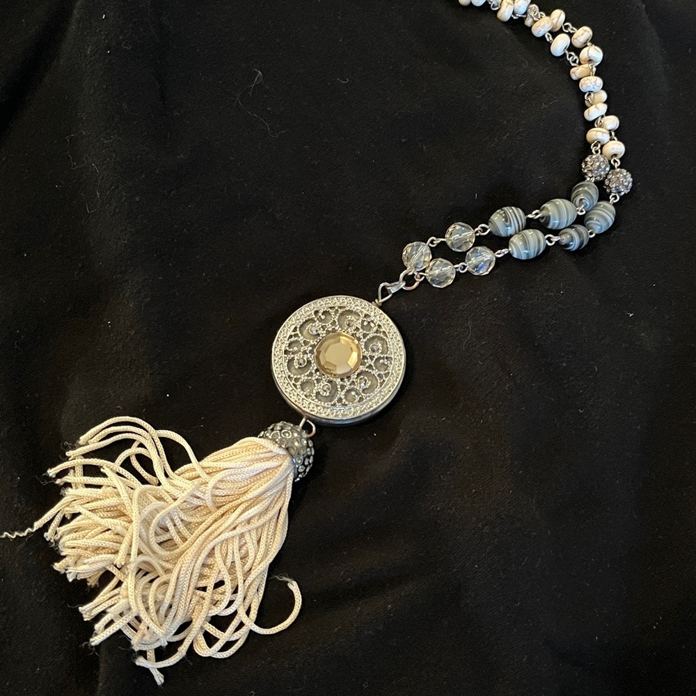 Chicos Long beaded  Silver and Cream Necklace  with  cream tassel 
OS